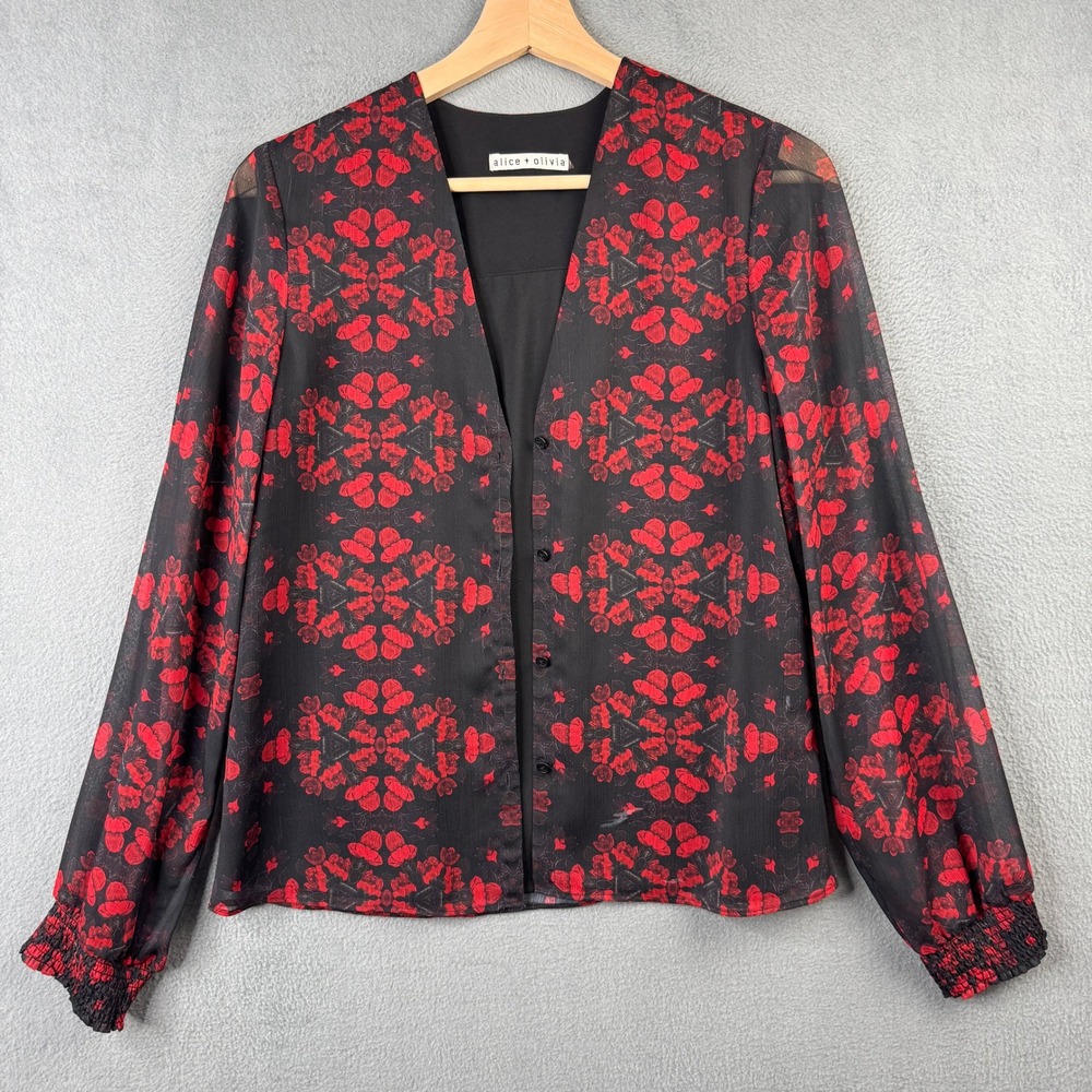 Alice + Olivia Womens Black Red Rose Floral Print V-Neck Blouse C507041811 Small